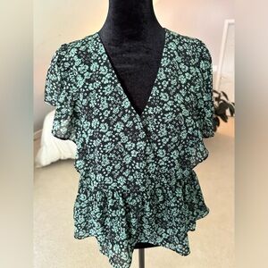 Madewell Georgette Green Floral Faux Wrap Short Sleeve Peplum Top X-Small Womens